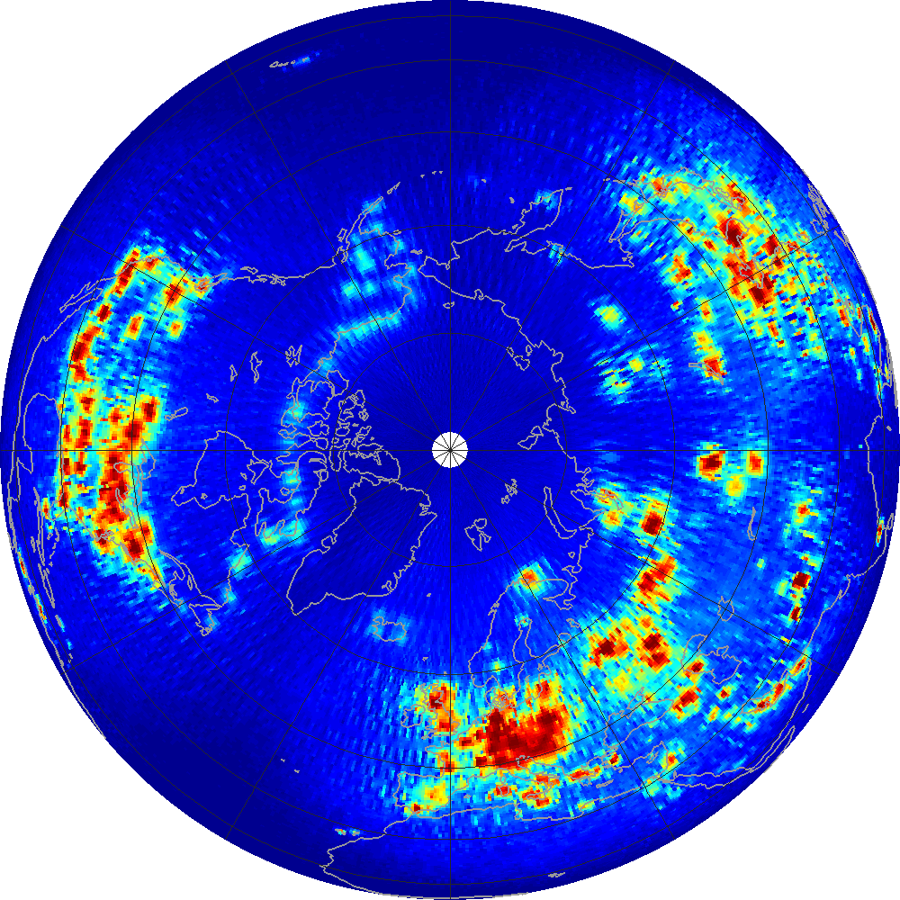 Monthly scatterometer RFI at 1.26 GHz, April 2013.