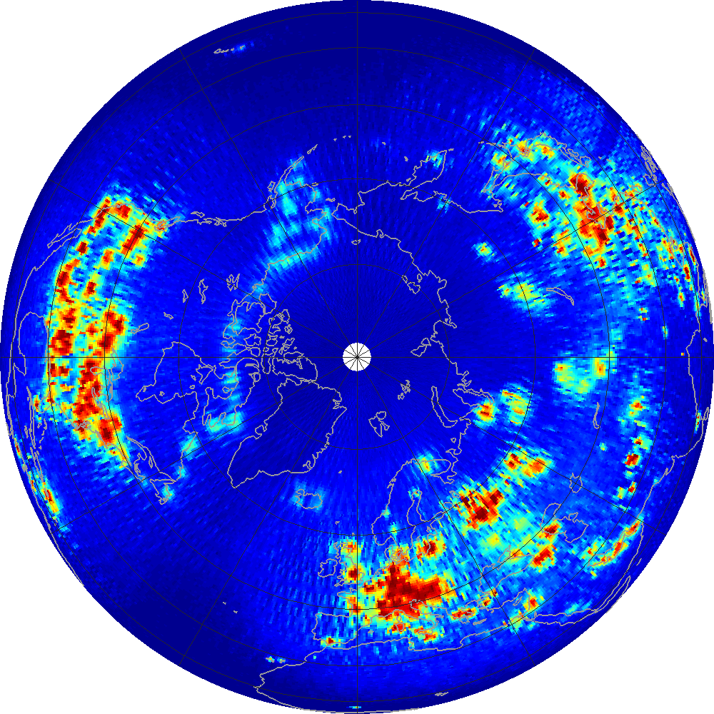 Monthly scatterometer RFI at 1.26 GHz, April 2014.