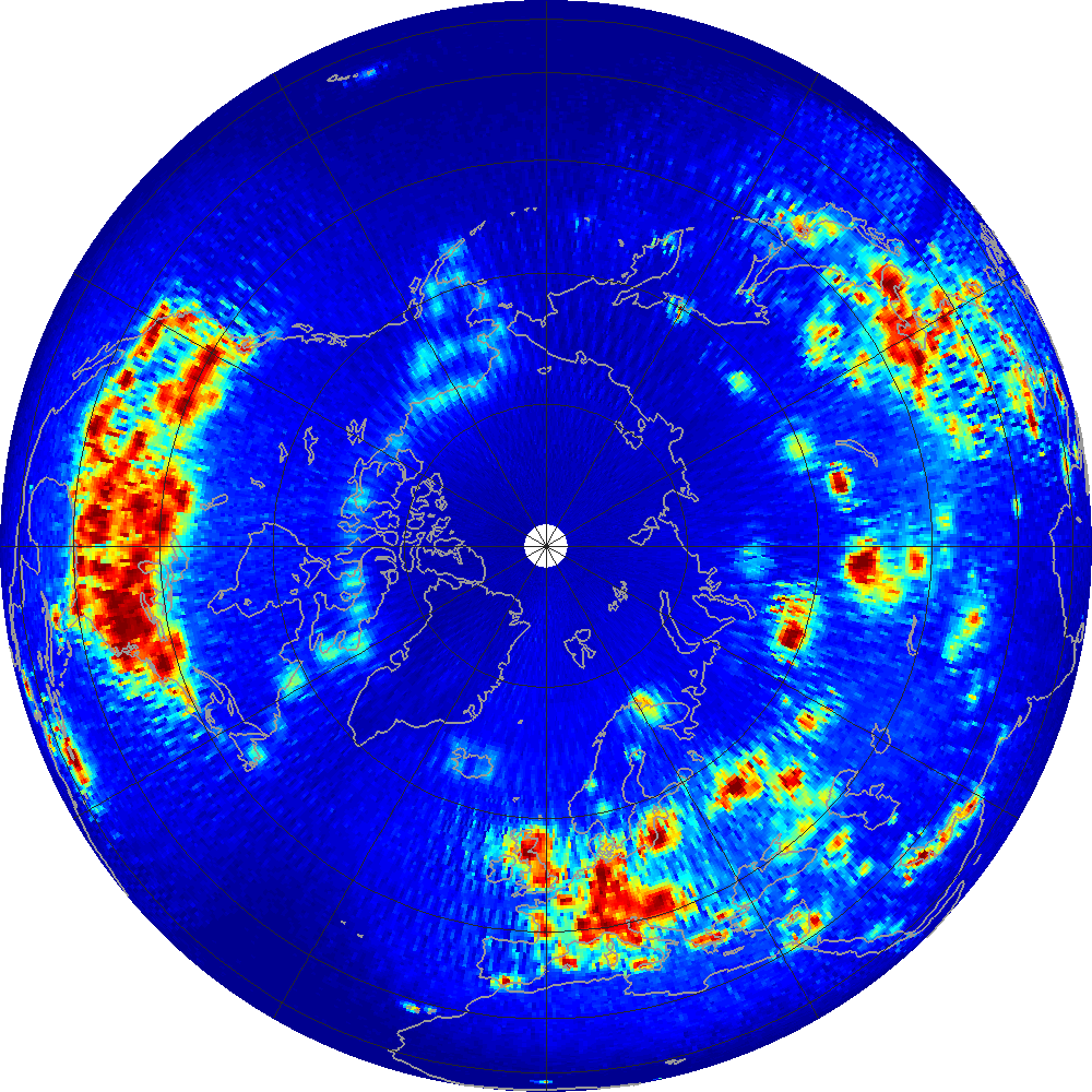 Monthly scatterometer RFI at 1.26 GHz, April 2015.