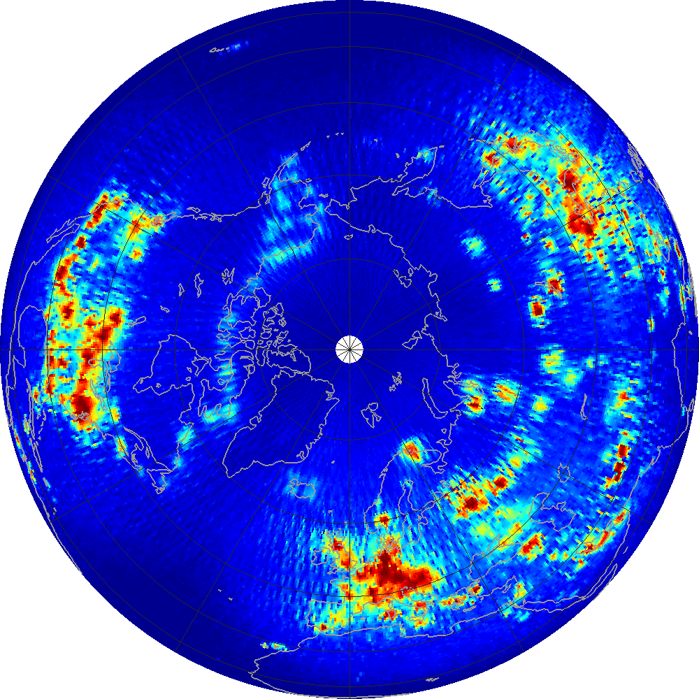 Monthly scatterometer RFI at 1.26 GHz, August 2012.