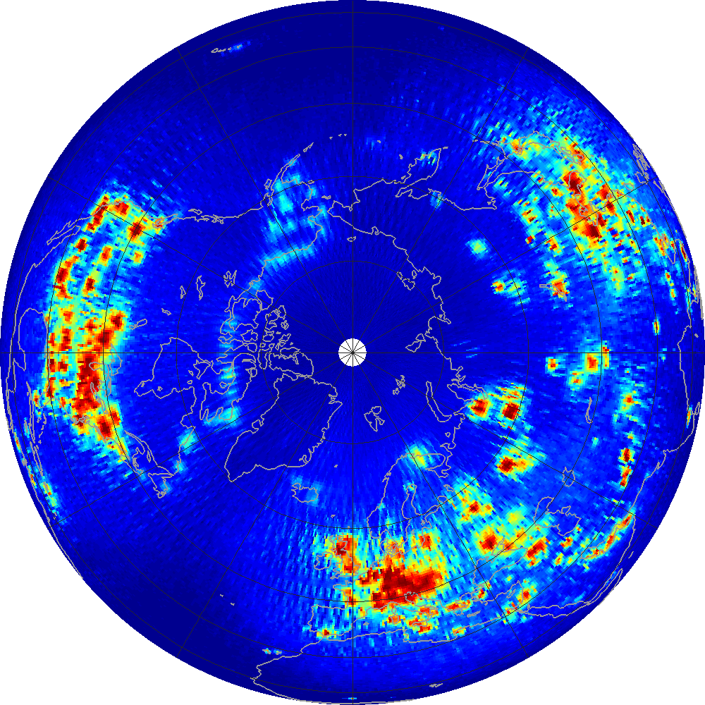 Monthly scatterometer RFI at 1.26 GHz, August 2013.