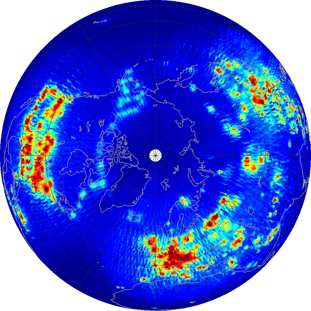 Monthly scatterometer RFI at 1.26 GHz, August 2014.