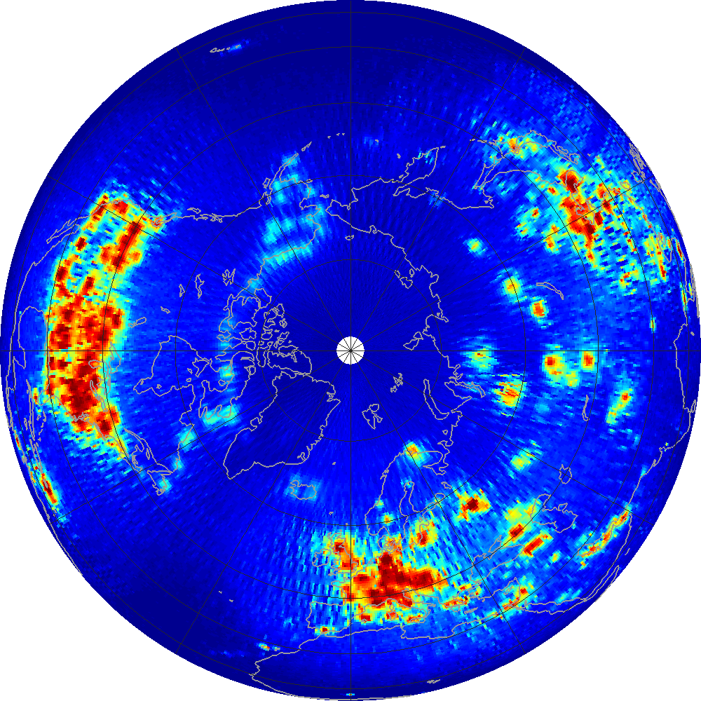 Monthly scatterometer RFI at 1.26 GHz, February 2015.