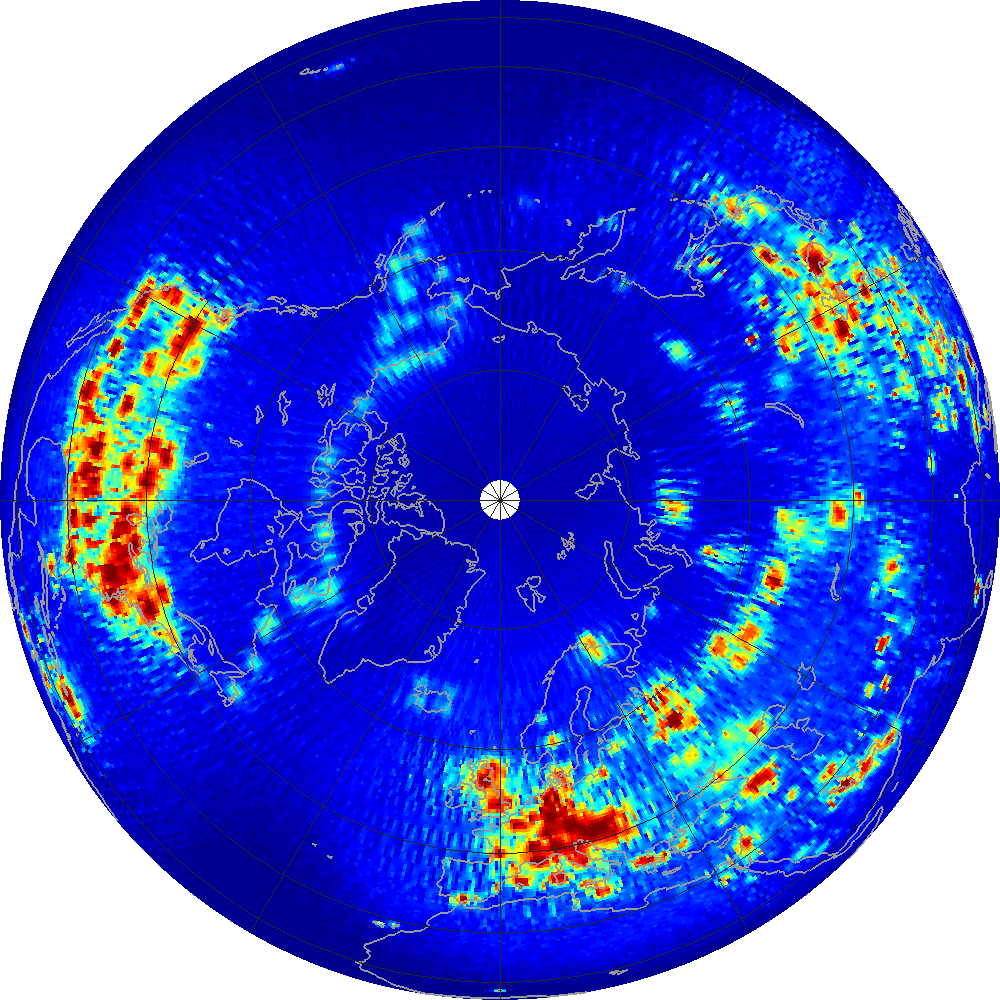 Monthly scatterometer RFI at 1.26 GHz, July 2014.