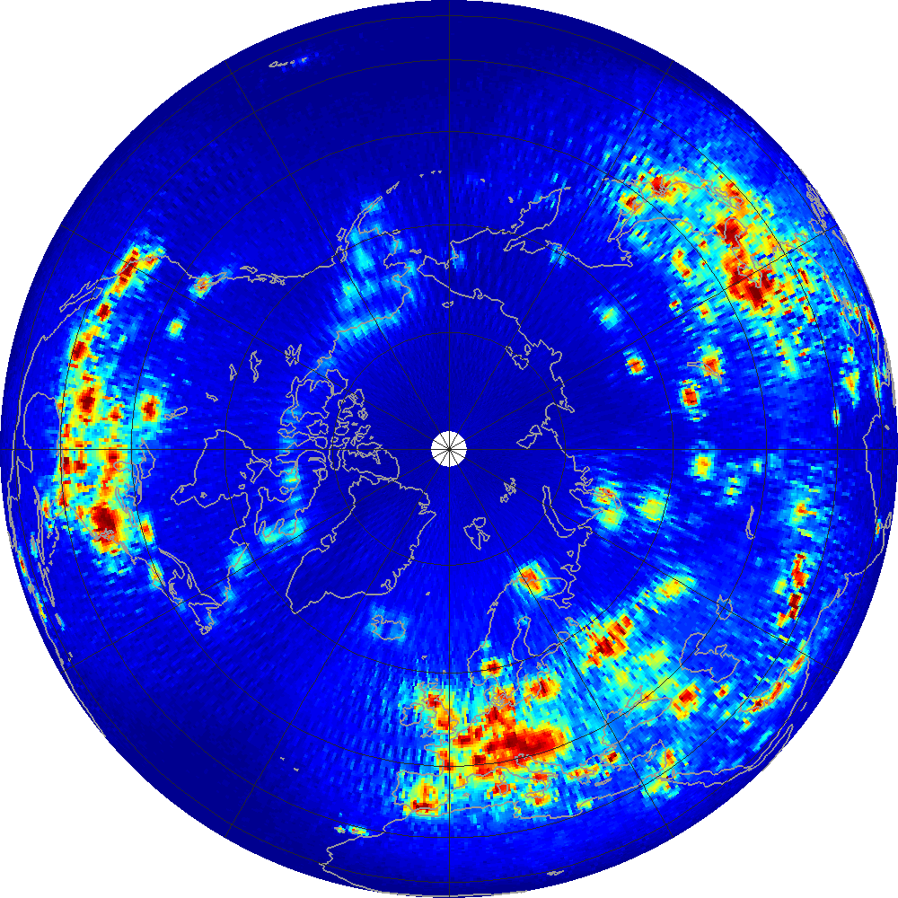 Monthly scatterometer RFI at 1.26 GHz, June 2012.
