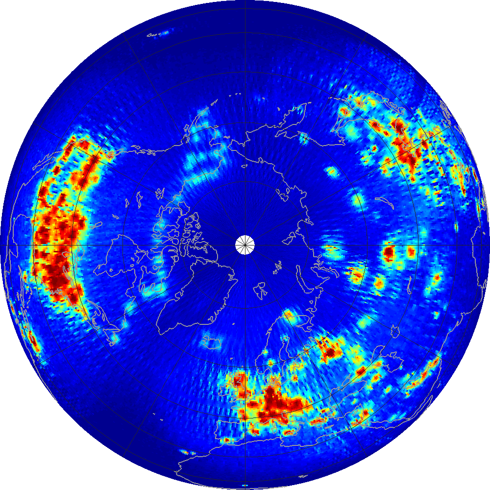 Monthly scatterometer RFI at 1.26 GHz, March 2015.