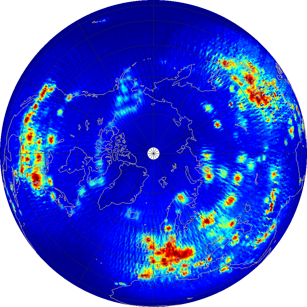 Monthly scatterometer RFI at 1.26 GHz, May 2012.