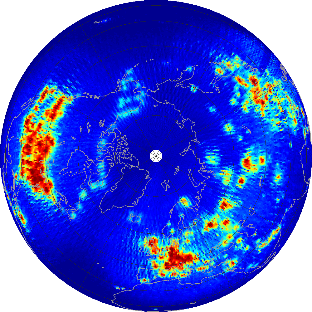 Monthly scatterometer RFI at 1.26 GHz, May 2015.