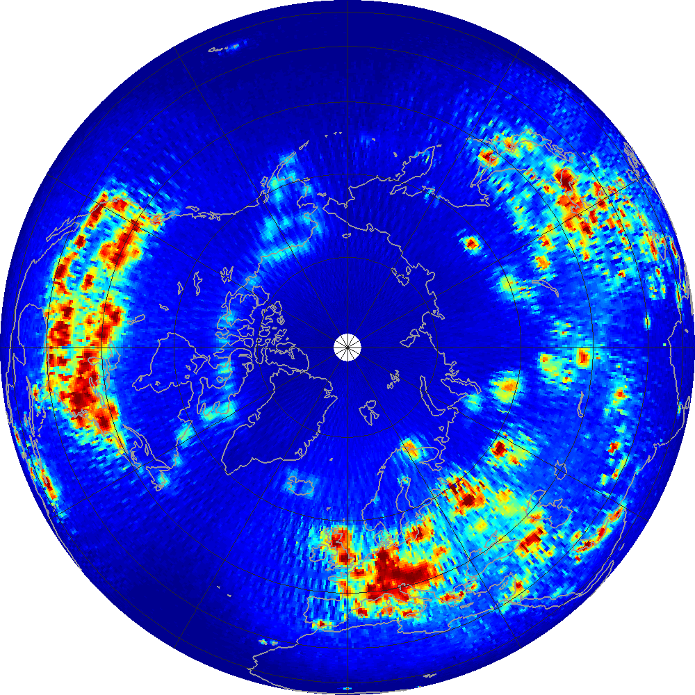 Monthly scatterometer RFI at 1.26 GHz, October 2014.