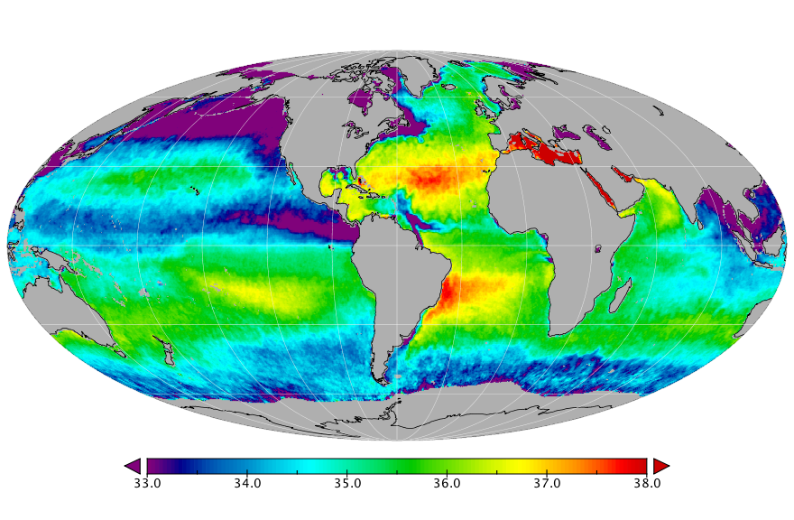 Monthly composite map of sea surface salinity, August 2015.