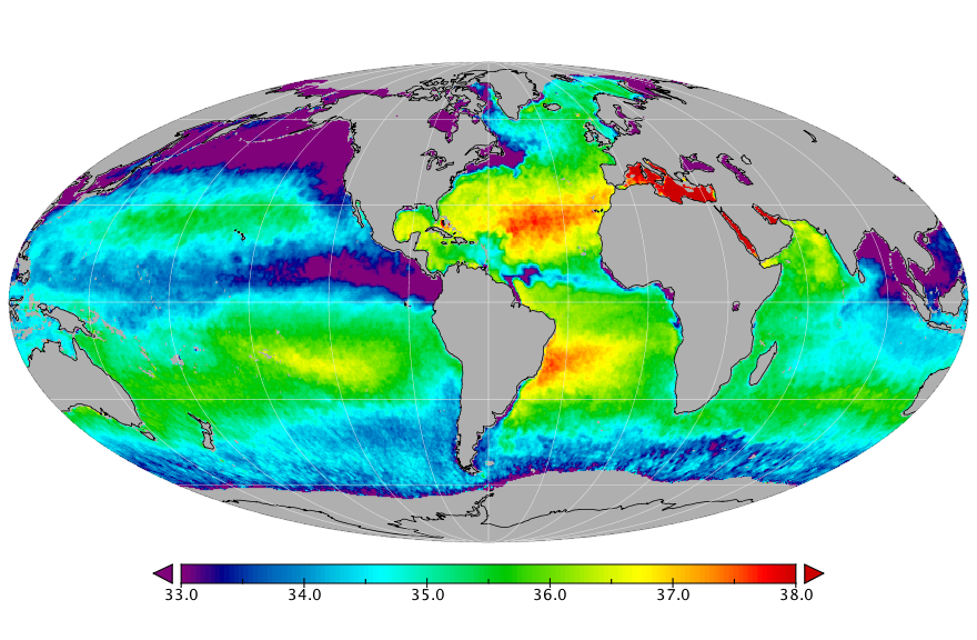 Monthly composite map of sea surface salinity, October 2015.
