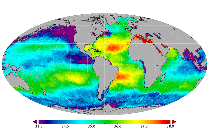 Monthly composite map of sea surface salinity, February 2016.