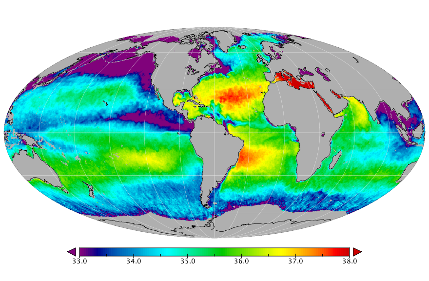 Monthly composite map of sea surface salinity, September 2016.