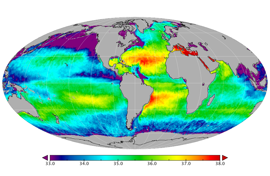 Monthly composite map of sea surface salinity, July 2017.