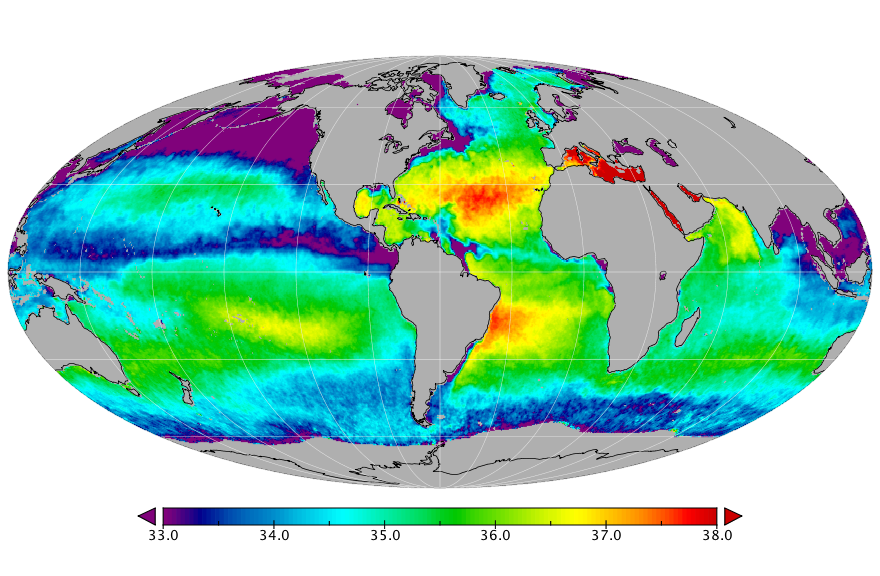 Monthly composite map of sea surface salinity, September 2018.