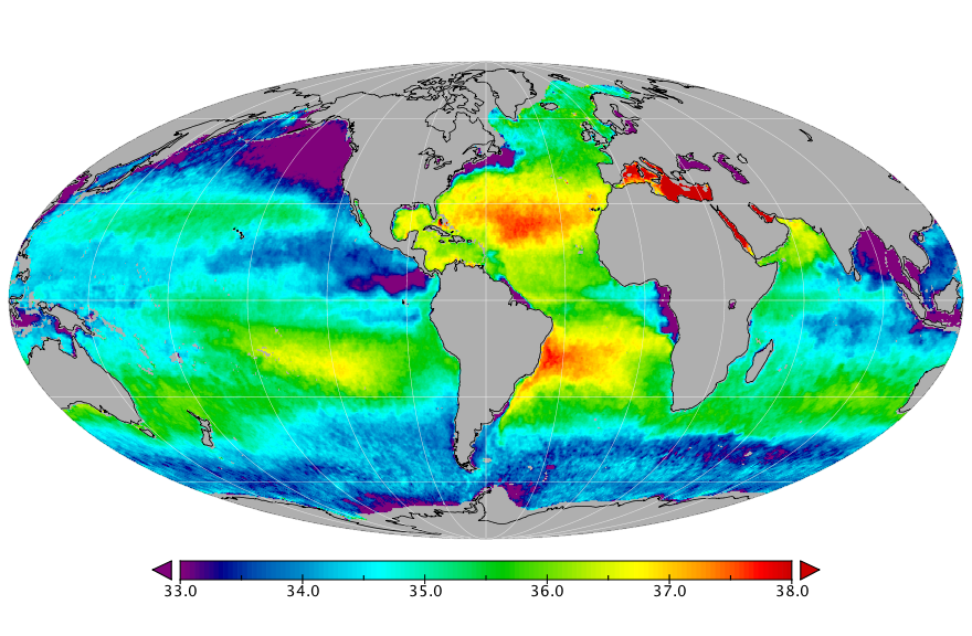 Monthly composite map of sea surface salinity, March 2019.