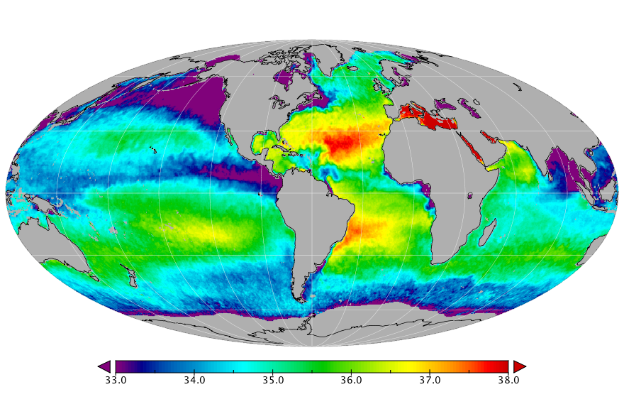 Monthly composite map of sea surface salinity, November 2019.