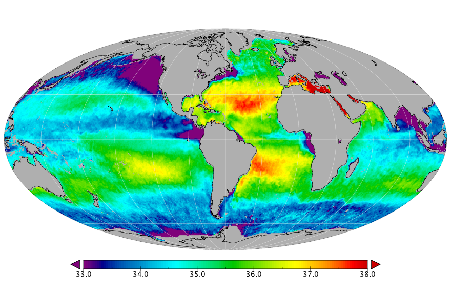 Monthly composite map of sea surface salinity, February 2020.