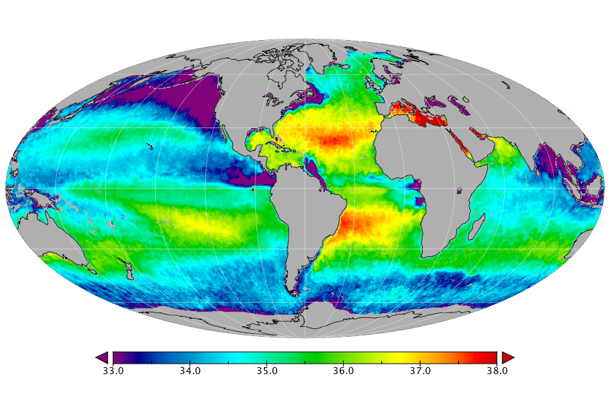 Monthly composite map of sea surface salinity, May 2020.