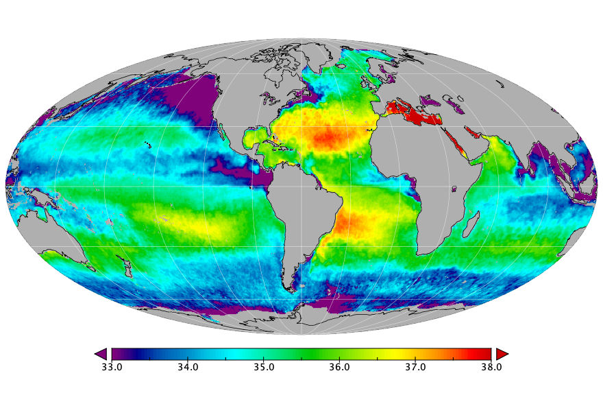 Monthly composite map of sea surface salinity, January 2021.