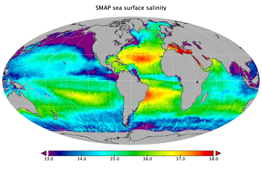 Monthly composite map of sea surface salinity, June 2021.