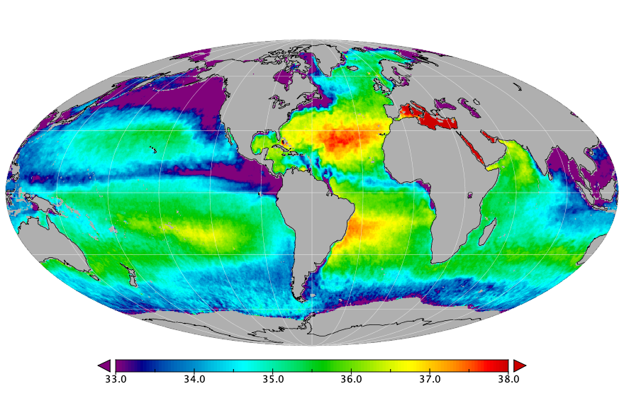Monthly composite map of sea surface salinity, October 2021.