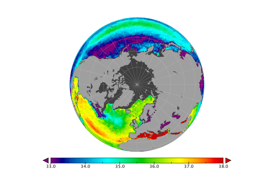 Monthly composite map of sea surface salinity, April 2015.
