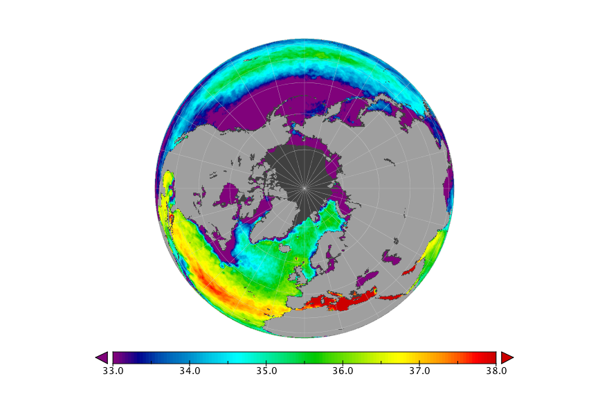 Monthly composite map of sea surface salinity, August 2015.