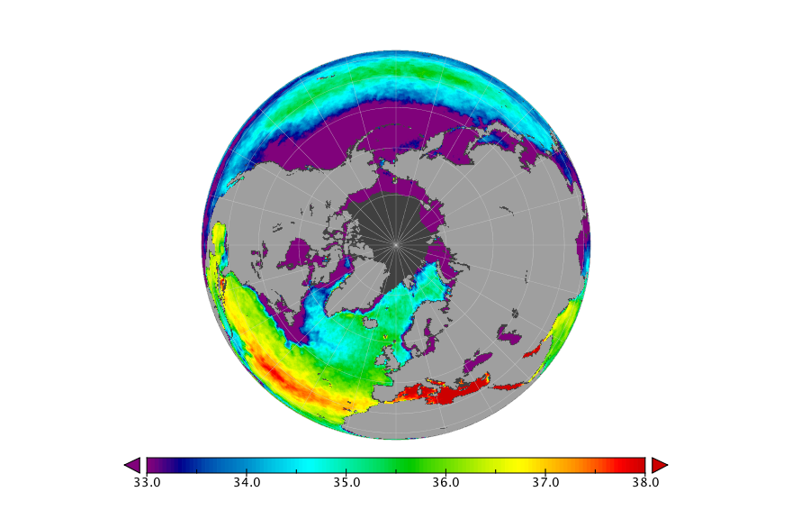 Monthly composite map of sea surface salinity, September 2015.