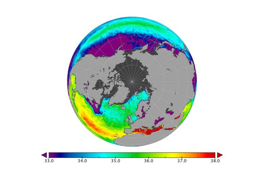 Monthly composite map of sea surface salinity, January 2016.