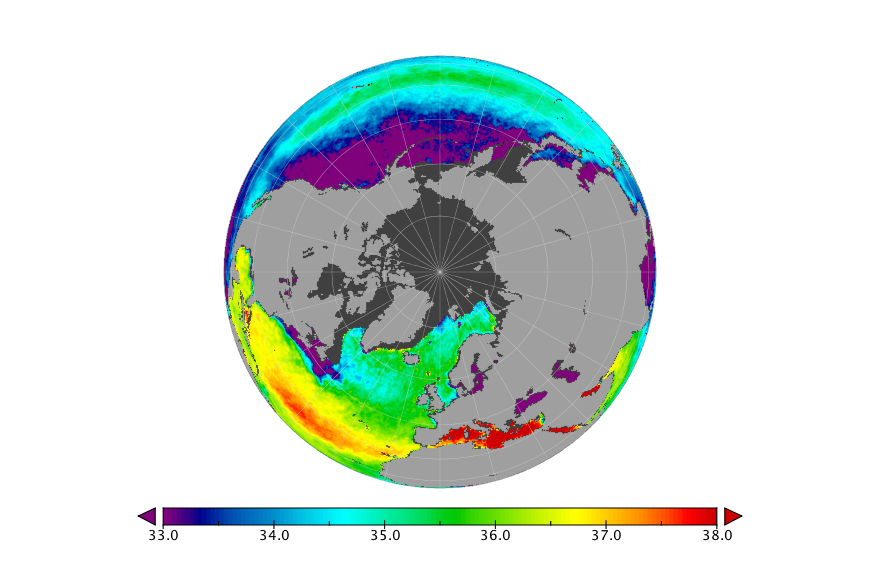 Monthly composite map of sea surface salinity, March 2016.