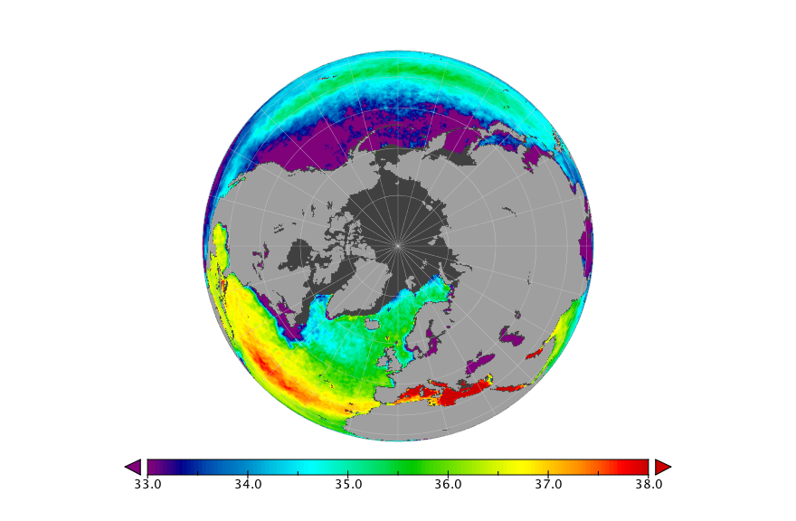 Monthly composite map of sea surface salinity, April 2016.