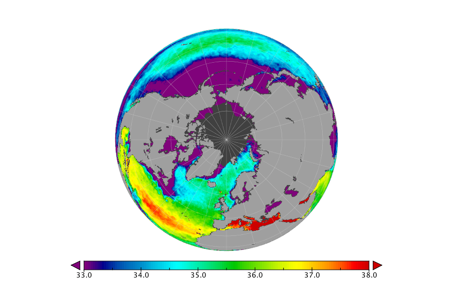 Monthly composite map of sea surface salinity, August 2016.