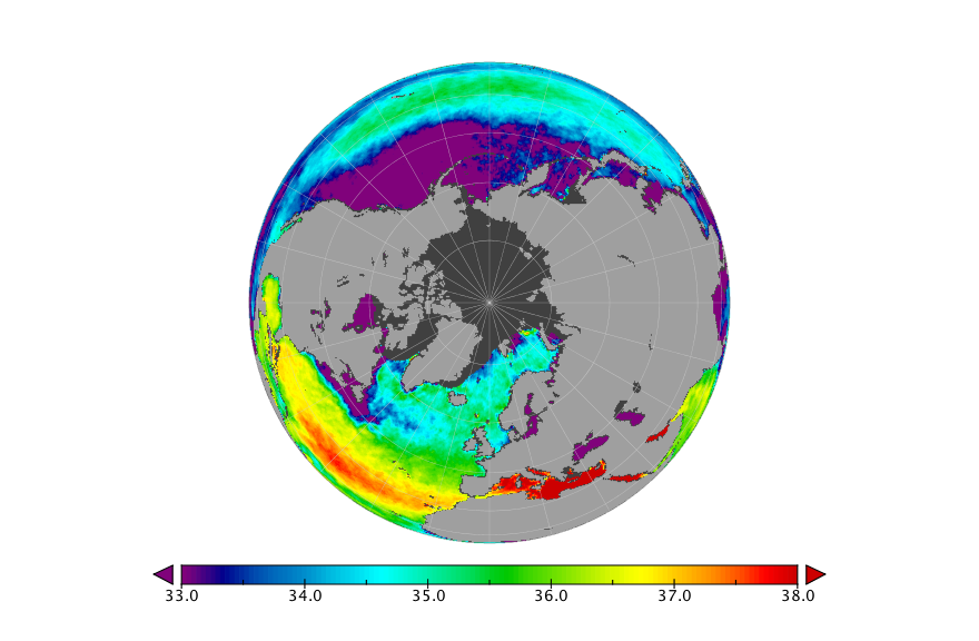Monthly composite map of sea surface salinity, December 2016.