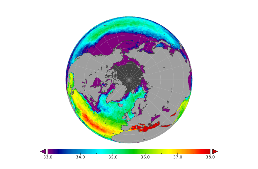 Monthly composite map of sea surface salinity, October 2017.