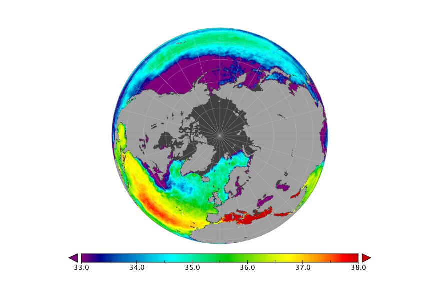Monthly composite map of sea surface salinity, December 2017.