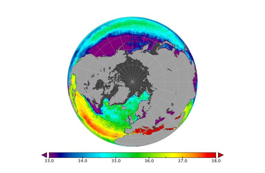 Monthly composite map of sea surface salinity, February 2018.
