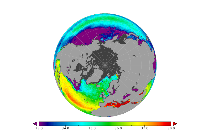 Monthly composite map of sea surface salinity, March 2018.