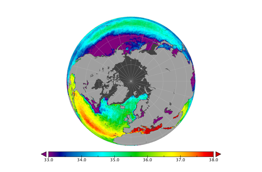 Monthly composite map of sea surface salinity, April 2018.