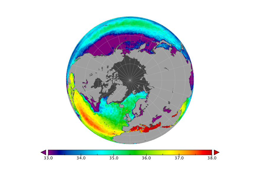 Monthly composite map of sea surface salinity, May 2018.
