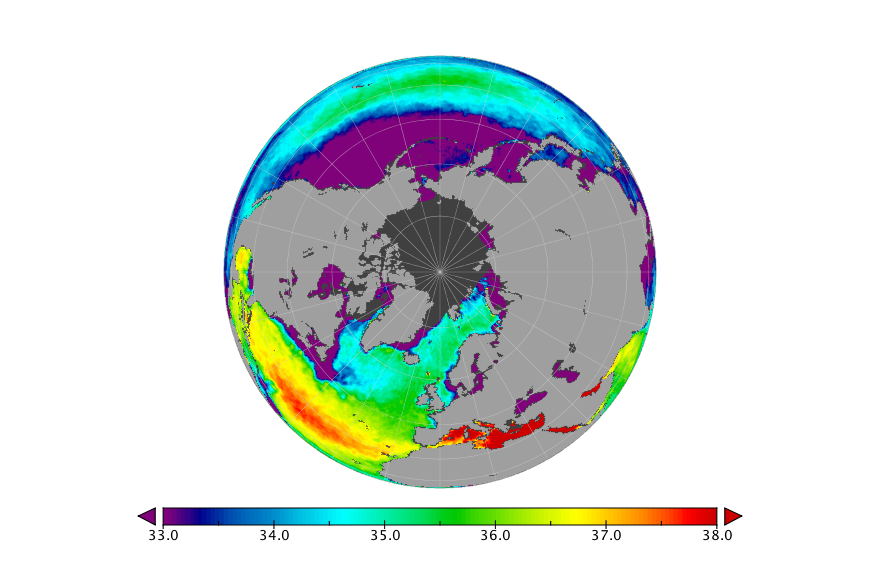 Monthly composite map of sea surface salinity, July 2018.