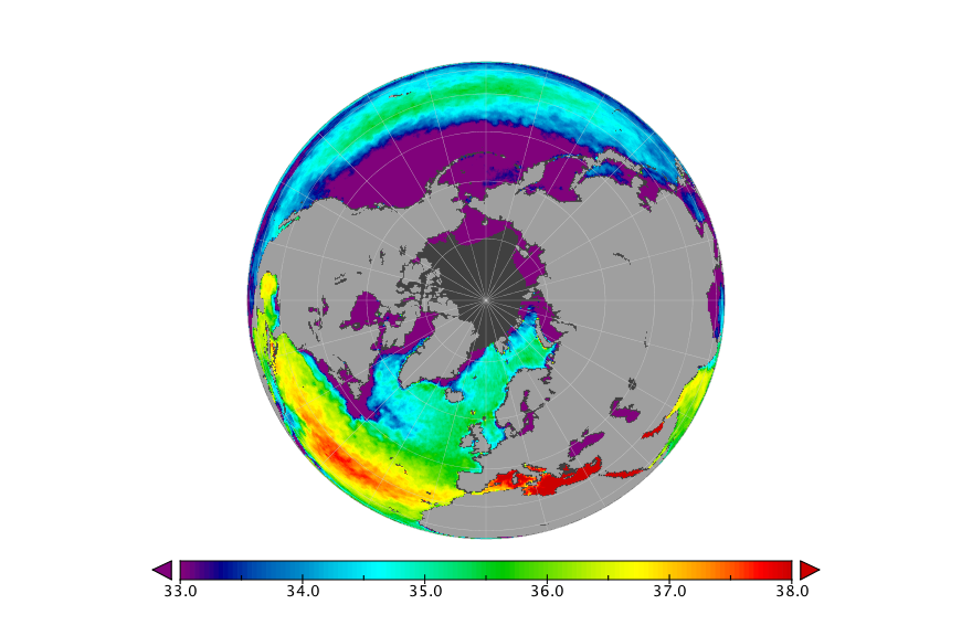 Monthly composite map of sea surface salinity, September 2018.