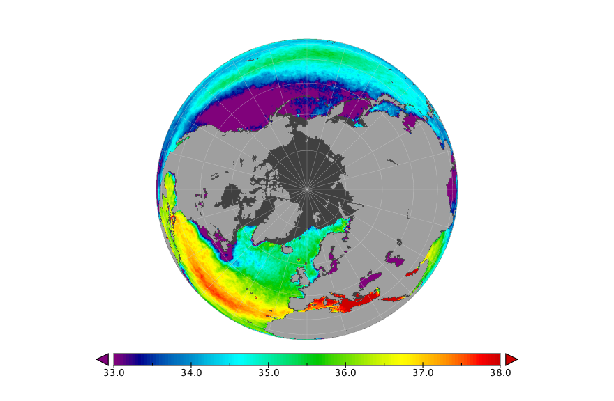 Monthly composite map of sea surface salinity, April 2020.