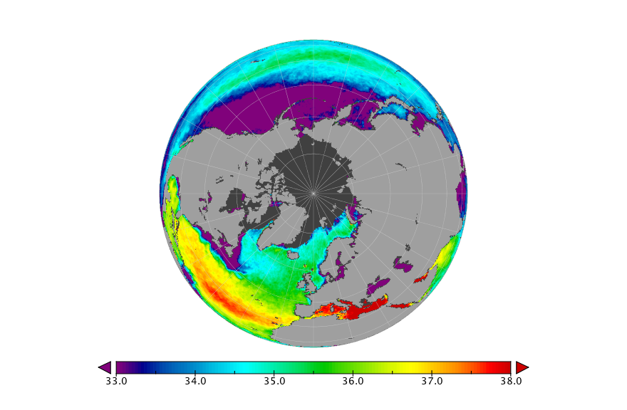 Monthly composite map of sea surface salinity, June 2020.