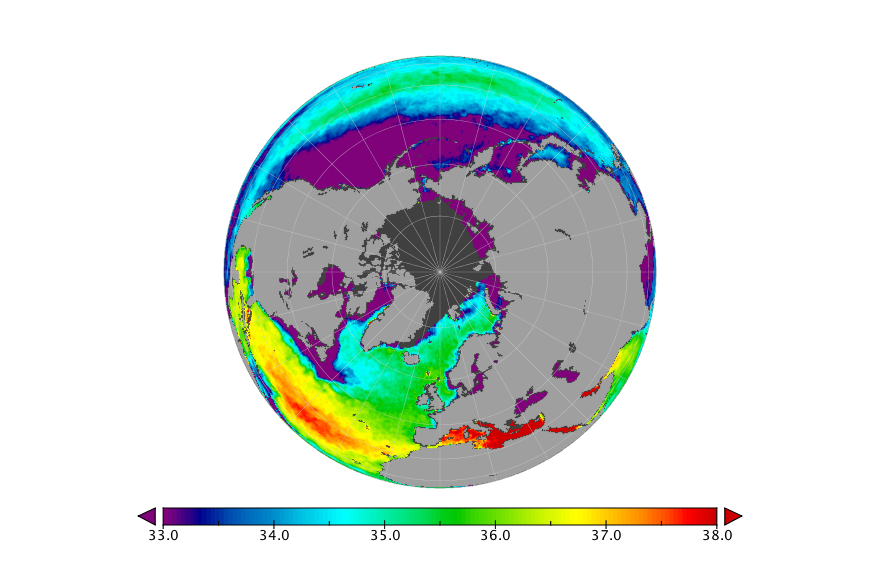 Monthly composite map of sea surface salinity, July 2020.