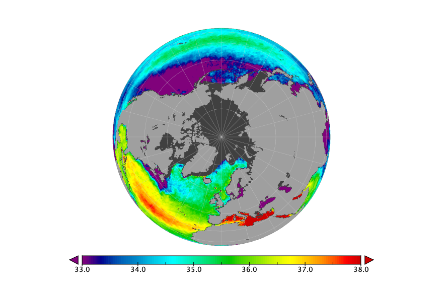Monthly composite map of sea surface salinity, March 2021.