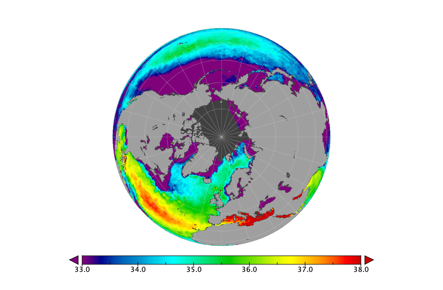 Monthly composite map of sea surface salinity, August 2021.