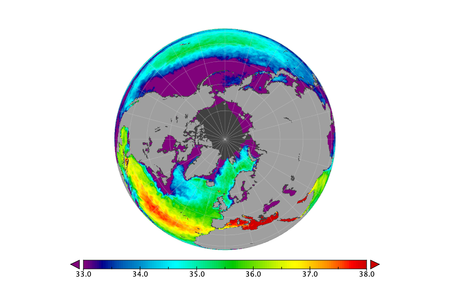 Monthly composite map of sea surface salinity, September 2021.