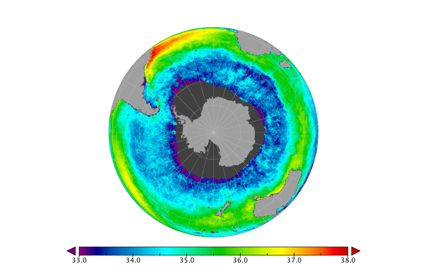 Monthly composite map of sea surface salinity, May 2015.