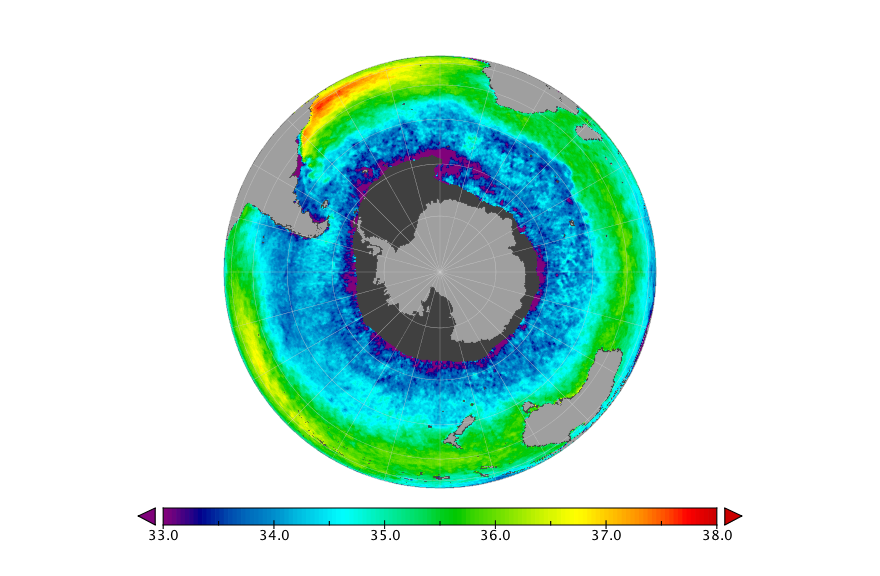 Monthly composite map of sea surface salinity, December 2015.